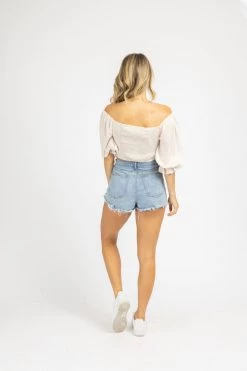 SHE & SKY ECRU SATIN CINCH TIE FRONT TOP