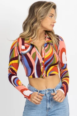 WINWIN APPAREL 70S PRINT MULTICOLOR COLLARED CROP TOP NEW ARRIVALS