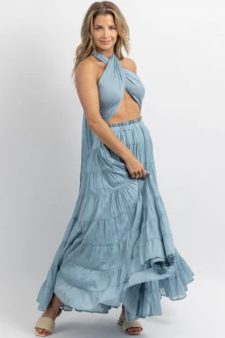 MABLE AZUL CROSSOVER TIE TIERED MAXI DRESS