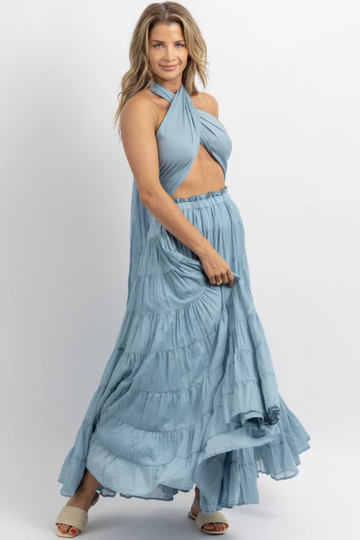 MABLE AZUL CROSSOVER TIE TIERED MAXI DRESS 2 MABLE AZUL CROSSOVER TIE TIERED MAXI DRESS