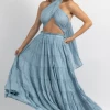 MABLE AZUL CROSSOVER TIE TIERED MAXI DRESS