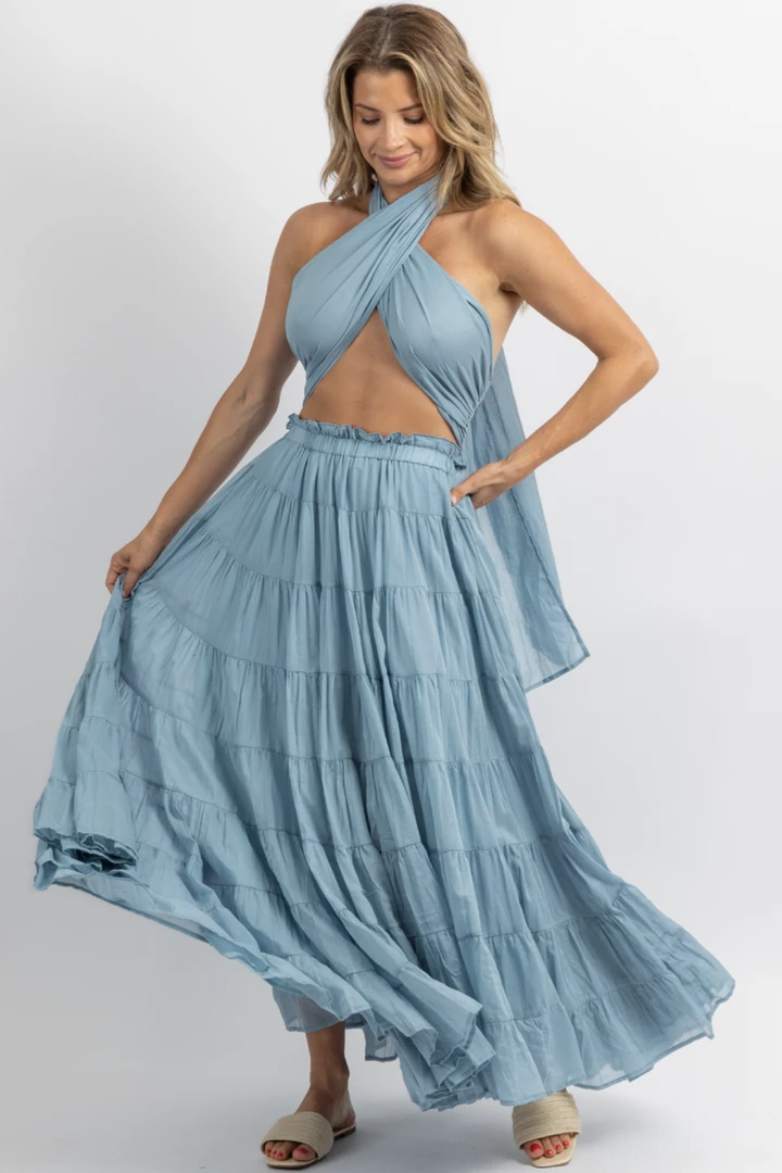MABLE AZUL CROSSOVER TIE TIERED MAXI DRESS 1 MABLE AZUL CROSSOVER TIE TIERED MAXI DRESS