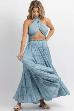 MABLE AZUL CROSSOVER TIE TIERED MAXI DRESS 9 MABLE AZUL CROSSOVER TIE TIERED MAXI DRESS
