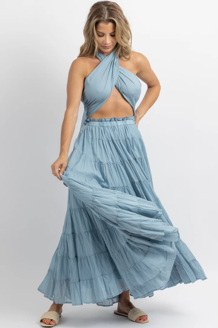 MABLE AZUL CROSSOVER TIE TIERED MAXI DRESS 3 MABLE AZUL CROSSOVER TIE TIERED MAXI DRESS