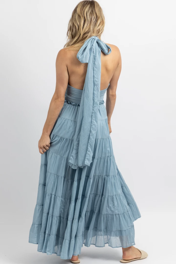 MABLE AZUL CROSSOVER TIE TIERED MAXI DRESS 6 MABLE AZUL CROSSOVER TIE TIERED MAXI DRESS