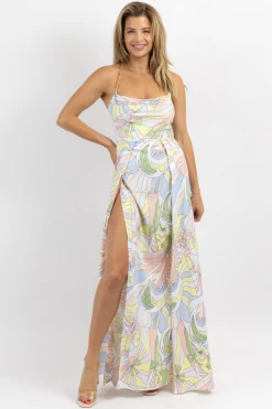 LUXXEL NEW ARRIVALS AMALFI GOLD CHAIN SATIN MAXI DRESS