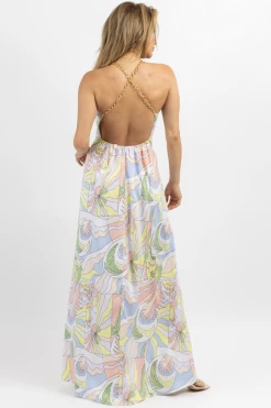 LUXXEL NEW ARRIVALS AMALFI GOLD CHAIN SATIN MAXI DRESS