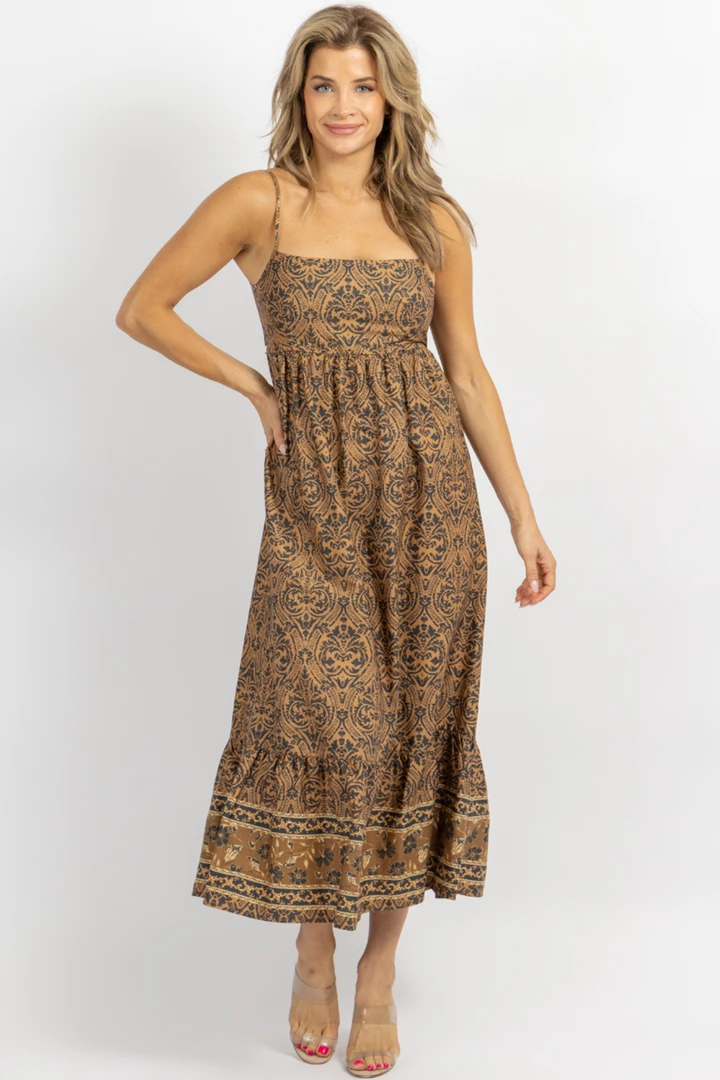 OLIVACEOUS NEW ARRIVALS AMBER BROWN PRINT TIE BACK MIDI DRESS 2 OLIVACEOUS NEW ARRIVALS AMBER BROWN PRINT TIE BACK MIDI DRESS