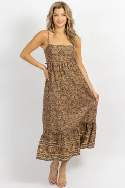 OLIVACEOUS NEW ARRIVALS AMBER BROWN PRINT TIE BACK MIDI DRESS 10 OLIVACEOUS NEW ARRIVALS AMBER BROWN PRINT TIE BACK MIDI DRESS