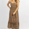 OLIVACEOUS NEW ARRIVALS AMBER BROWN PRINT TIE BACK MIDI DRESS