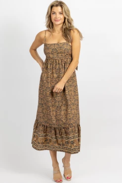 OLIVACEOUS NEW ARRIVALS AMBER BROWN PRINT TIE BACK MIDI DRESS