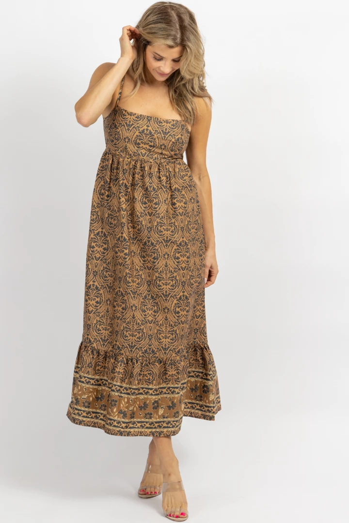 OLIVACEOUS NEW ARRIVALS AMBER BROWN PRINT TIE BACK MIDI DRESS 3 OLIVACEOUS NEW ARRIVALS AMBER BROWN PRINT TIE BACK MIDI DRESS