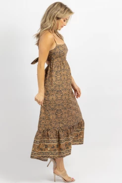 OLIVACEOUS NEW ARRIVALS AMBER BROWN PRINT TIE BACK MIDI DRESS 12 OLIVACEOUS NEW ARRIVALS AMBER BROWN PRINT TIE BACK MIDI DRESS