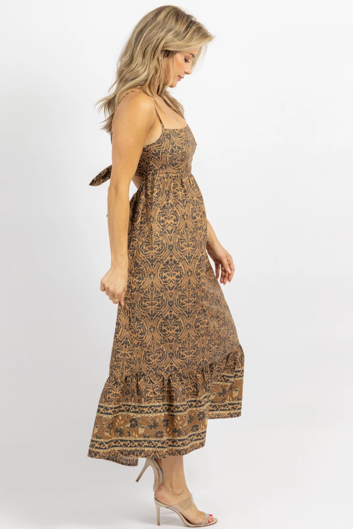 OLIVACEOUS NEW ARRIVALS AMBER BROWN PRINT TIE BACK MIDI DRESS 6 OLIVACEOUS NEW ARRIVALS AMBER BROWN PRINT TIE BACK MIDI DRESS