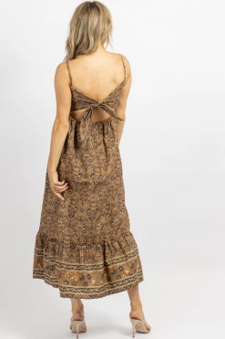 OLIVACEOUS NEW ARRIVALS AMBER BROWN PRINT TIE BACK MIDI DRESS 13 OLIVACEOUS NEW ARRIVALS AMBER BROWN PRINT TIE BACK MIDI DRESS