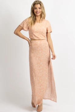 LEVEE APRICOT WOVEN PRINT MAXI + CROP SET NEW ARRIVALS