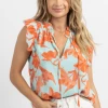 OLIVACEOUS AQUA CORAL FLORAL DRAWSTRING BLOUSE NEW ARRIVALS