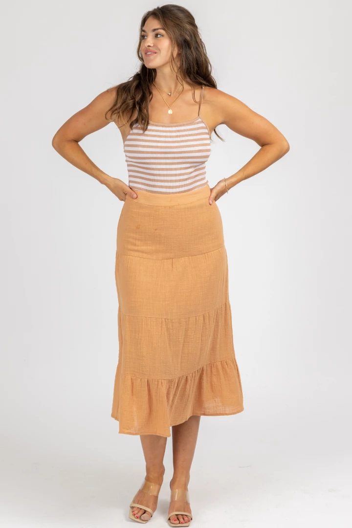 OLIVACEOUS ARAGON GAUZE TIERED MIDI SKIRT 3 OLIVACEOUS ARAGON GAUZE TIERED MIDI SKIRT