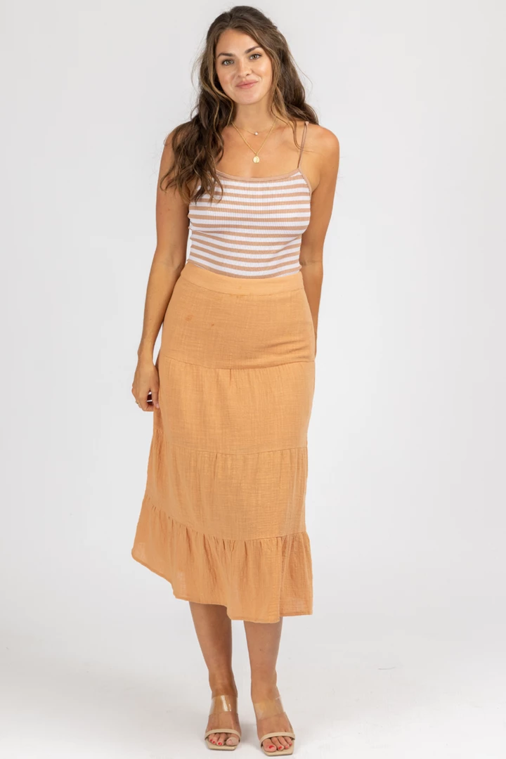 OLIVACEOUS ARAGON GAUZE TIERED MIDI SKIRT 1 OLIVACEOUS ARAGON GAUZE TIERED MIDI SKIRT