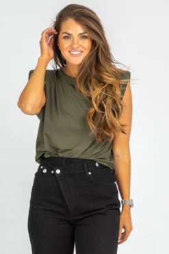 VENTI6 CLOTHING ARMY GREEN SLEEVELESS SHOULDER PAD TOP