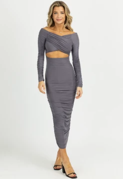 ENDLESS BLU ASH OFF-SHOULDER SHIRRED SLINKY MIDI DRESS NEW ARRIVALS