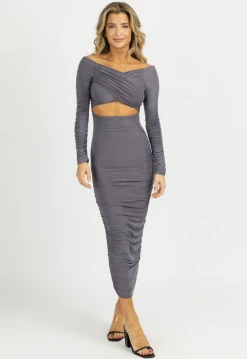 ENDLESS BLU ASH OFF-SHOULDER SHIRRED SLINKY MIDI DRESS NEW ARRIVALS