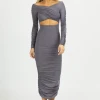ENDLESS BLU ASH OFF-SHOULDER SHIRRED SLINKY MIDI DRESS NEW ARRIVALS