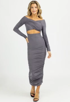 ENDLESS BLU ASH OFF-SHOULDER SHIRRED SLINKY MIDI DRESS NEW ARRIVALS