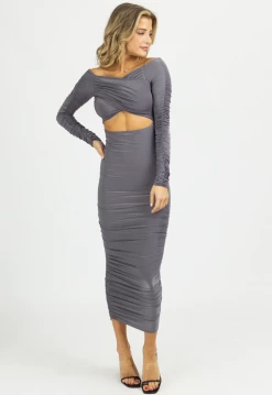 ENDLESS BLU ASH OFF-SHOULDER SHIRRED SLINKY MIDI DRESS NEW ARRIVALS