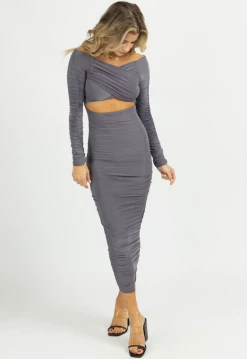 ENDLESS BLU ASH OFF-SHOULDER SHIRRED SLINKY MIDI DRESS NEW ARRIVALS