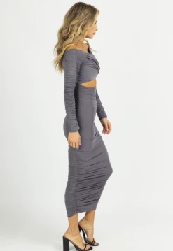 ENDLESS BLU ASH OFF-SHOULDER SHIRRED SLINKY MIDI DRESS NEW ARRIVALS