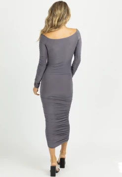 ENDLESS BLU ASH OFF-SHOULDER SHIRRED SLINKY MIDI DRESS NEW ARRIVALS