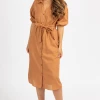 BLUE BLUSH AUBURN COLLARED WAIST TIE MIDI DRESS