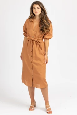 BLUE BLUSH AUBURN COLLARED WAIST TIE MIDI DRESS