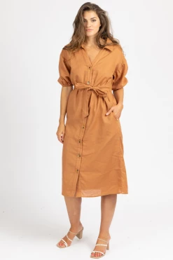 BLUE BLUSH AUBURN COLLARED WAIST TIE MIDI DRESS