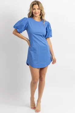DAY + MOON AZURE PUFF SLEEVE POPLIN MINI DRESS
