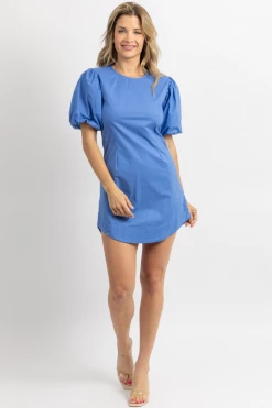 DAY + MOON AZURE PUFF SLEEVE POPLIN MINI DRESS