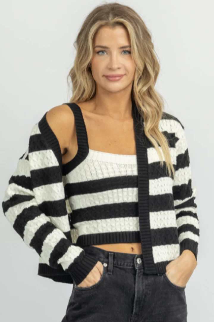 DANCE AND MARVEL B+W STRIPE CABLEKNIT CAMI CARDI SET 2 DANCE AND MARVEL B+W STRIPE CABLEKNIT CAMI CARDI SET