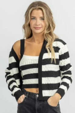 DANCE AND MARVEL B+W STRIPE CABLEKNIT CAMI CARDI SET