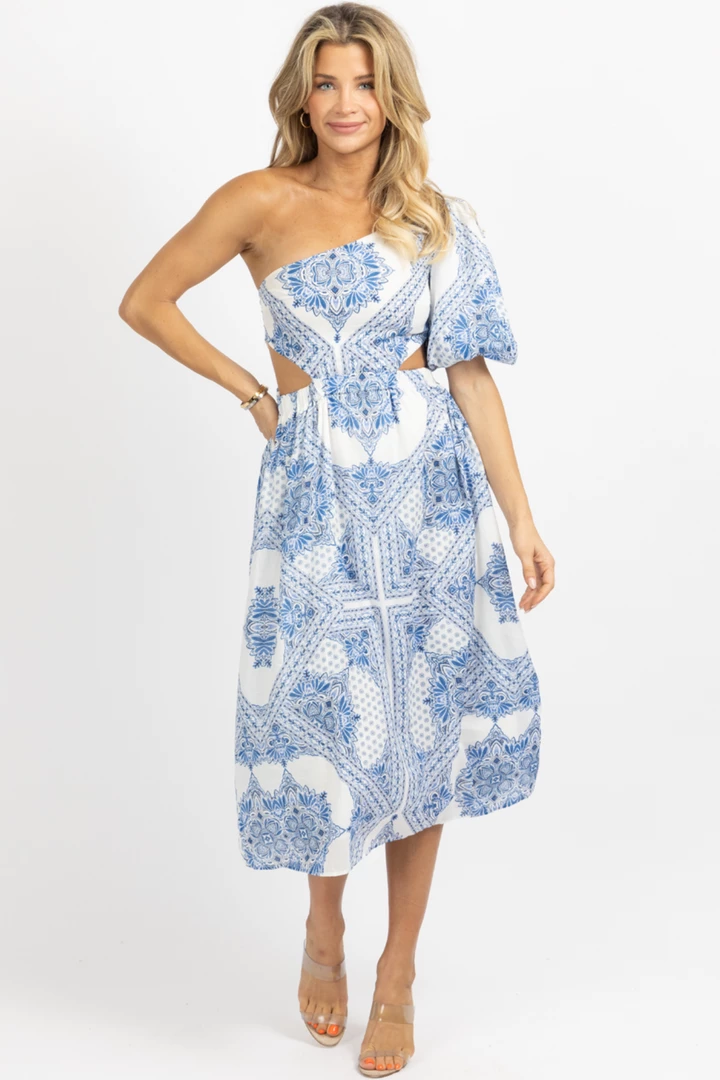 OLIVACEOUS BLUE + IVORY ONE SHOULDER PRINT MIDI DRESS *BACK IN STOCK* 1 OLIVACEOUS BLUE + IVORY ONE SHOULDER PRINT MIDI DRESS *BACK IN STOCK*