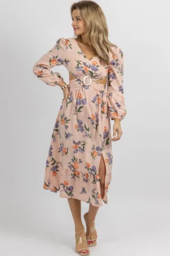 SUNDAY UP NEW ARRIVALS BABY PINK FLORAL OPEN SIDE BUCKLE MIDI DRESS