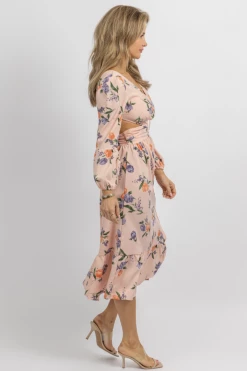 SUNDAY UP NEW ARRIVALS BABY PINK FLORAL OPEN SIDE BUCKLE MIDI DRESS
