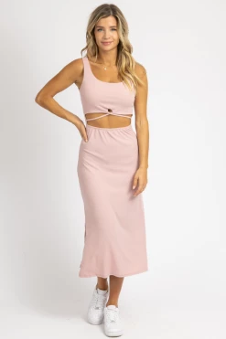 PEACH LOVE CALIFORNIA BABY PINK CUTOUT MIDI DRESS CLOTHING