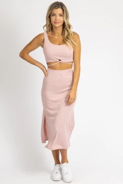 PEACH LOVE CALIFORNIA BABY PINK CUTOUT MIDI DRESS CLOTHING