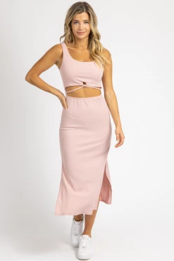 PEACH LOVE CALIFORNIA BABY PINK CUTOUT MIDI DRESS CLOTHING