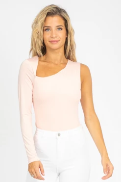 LE LIS BABY PINK ASYMMETRICAL ONE SLEEVE BODYSUIT