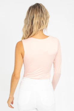 LE LIS BABY PINK ASYMMETRICAL ONE SLEEVE BODYSUIT