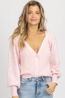 DEE ELLY BABY PINK PEARL DETAIL CARDIGAN SWEATER NEW ARRIVALS