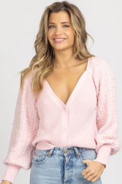 DEE ELLY BABY PINK PEARL DETAIL CARDIGAN SWEATER NEW ARRIVALS