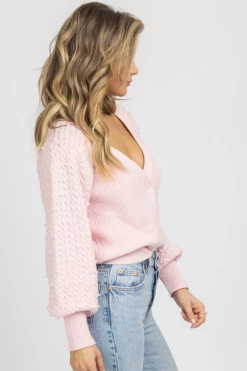DEE ELLY BABY PINK PEARL DETAIL CARDIGAN SWEATER NEW ARRIVALS